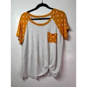 MOA‎ MOA Women's XL Mustard Polka Dot Raglan Twist Hem Top Bright Weekend Comfy